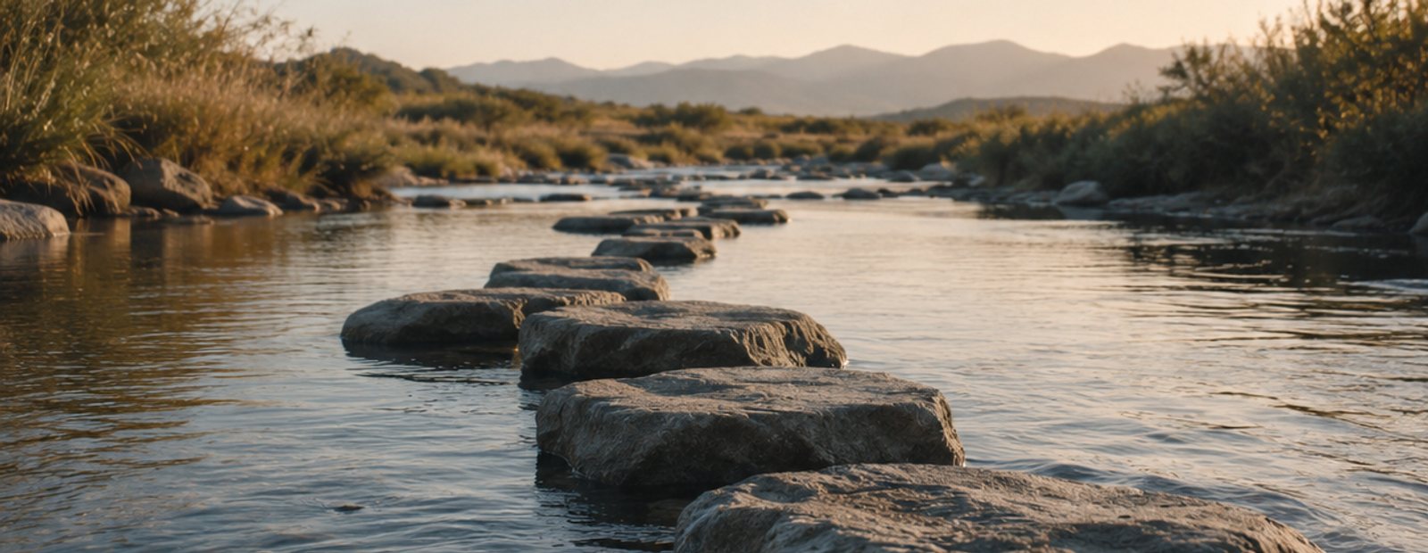 Pedras de travessia atravessando um rio raso na luz do fim de tarde